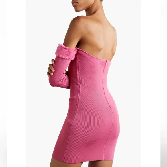 Staud Josee Fur Trimmed Long Sleeve Pink Mini Dress , NEW - Picture 3 of 16